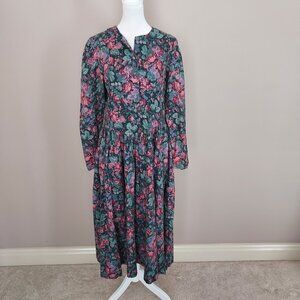 Vintage Laura Ashley Wool Blend Long Sleeve Basque Waist Floral Midi Dress Sz 12